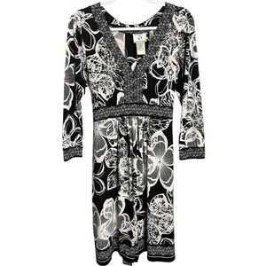 EUC ICE Dress Black White Floral V-Neck Waist Tie 3/4 Sleeve Stretch Size 12